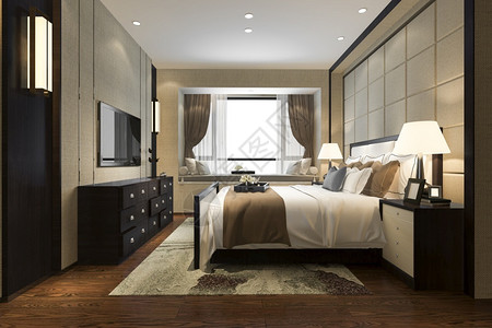 3d提供美丽的豪华卧室套房在酒店与电视后现代内部的墙图片