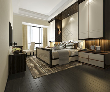 3d提供美丽的豪华卧室套房在酒店与电视枕头架子地毯图片
