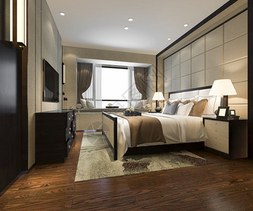 3d提供美丽的豪华卧室套房在酒店与电视地毯架子休息图片
