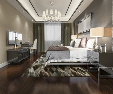 白色的室内灯3d提供美丽的豪华卧室套房在酒店与电视图片
