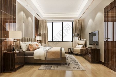 窗户3d提供美丽的豪华卧室套房在酒店与电视房间架子图片