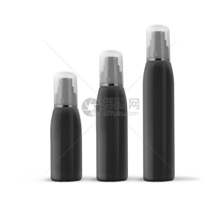 黑色的气雾剂帽三个橙色容器晒黑隔离在白色背景上黑化妆品喷雾瓶设置隔离在白色背景上图片
