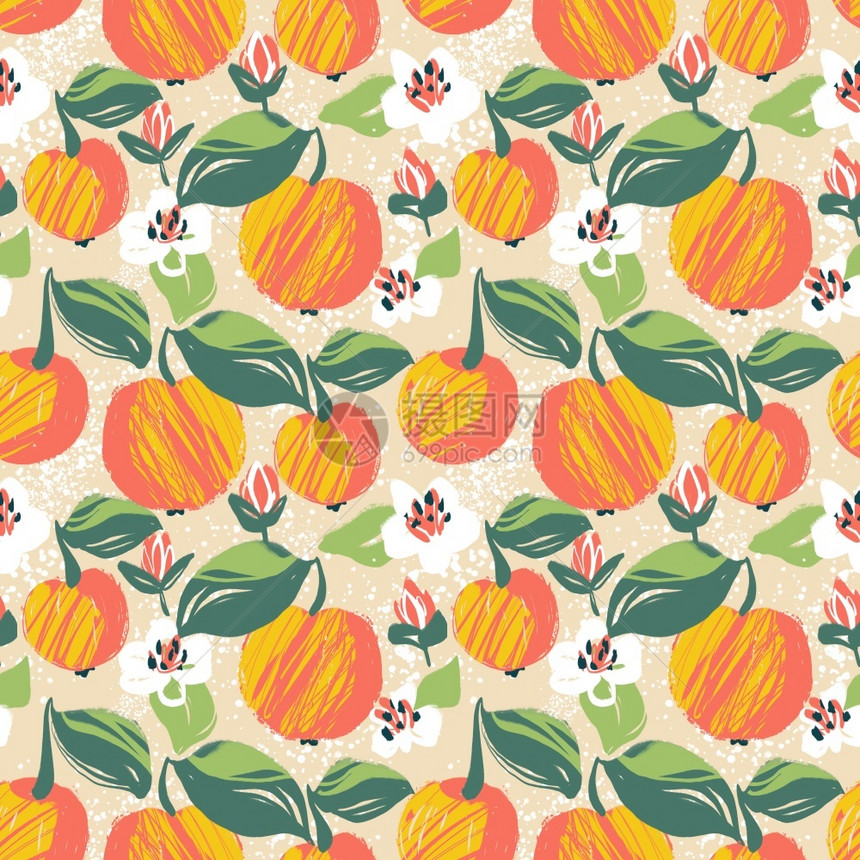 数字画上无缝图案配有苹果明亮的夏季水果背景纸张和纺织品设计说明甜的素食主义者植物图片