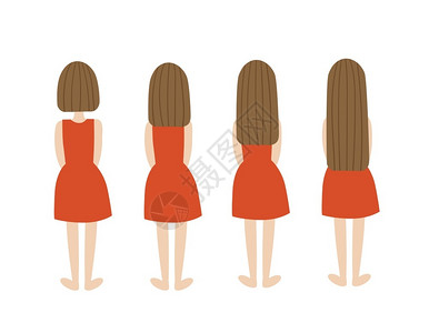 刷牙从娃娃抓起不同的穿着红裙子女孩头发长度不同从方形到长白色背景的矢量插图香脂心插画