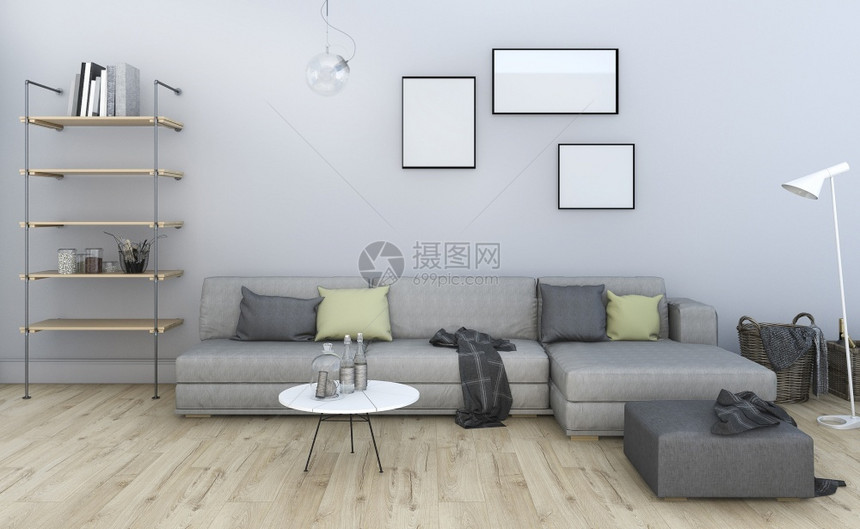 框架3d提供漂亮的旧式灰色客厅和家具假期现代的图片