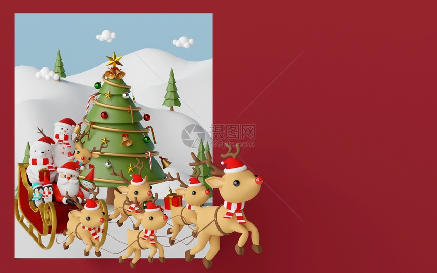 渲染快乐的圣诞和新年圣诞老人和朋友坐在雪橇上被驯鹿拉着的艺术图片