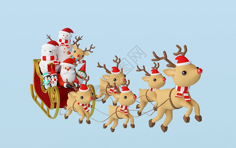 圣诞快乐和新年圣诞老人和朋友坐在雪橇上被驯鹿拉着的展示喜庆红色背景图片