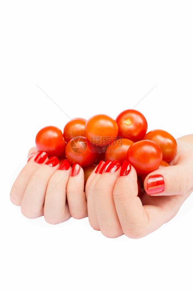 女孩颜色烹饪两只手握樱桃西红柿白背景与世隔绝图片