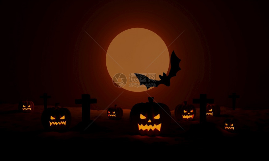 万圣节南瓜和飞蝙蝠在月光奇幻的3D夜间萦绕心头屋满的图片