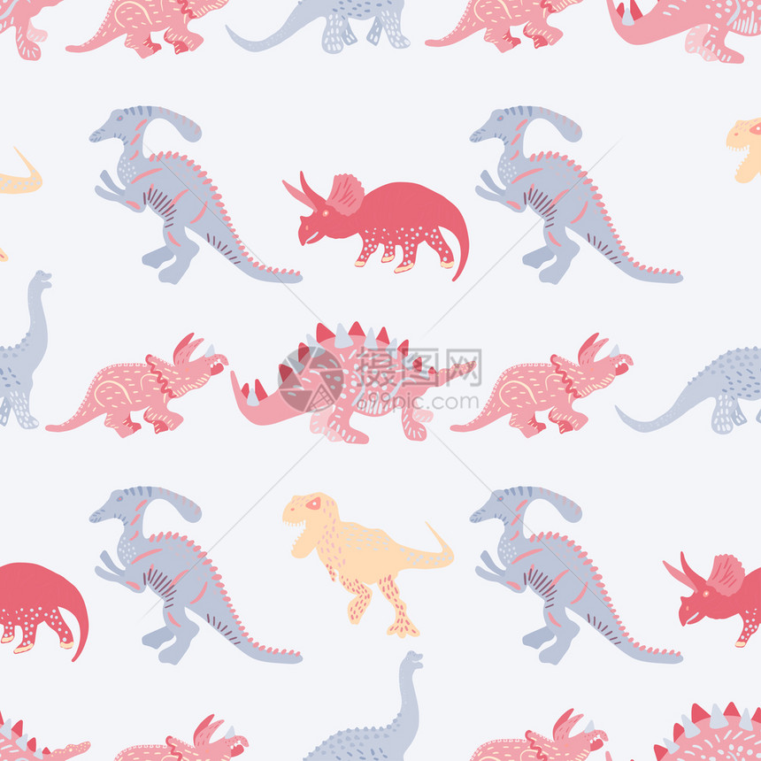 蓝色的恐龙在浅色背景上的无缝模式平淡的恐龙风格简单化的恐龙格图案可爱手画肖像纺织包装纸背景设计蓝色恐龙在浅背景上的无缝模式婴儿艺图片