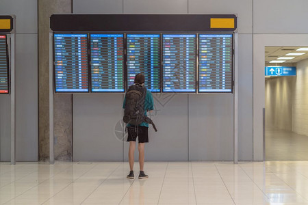 夏天在现代机场的飞行信息屏幕旅和带有技术概念的运输上登入飞行信息屏在机板上站着行李的旅客背靠面行李站在乘客后面日程旅游终端高清图片素材