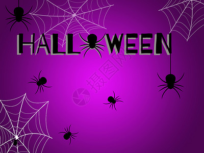 万圣节那天许多黑蜘蛛在紫色背景和黑万圣节字体上恐惧橙庆典图片