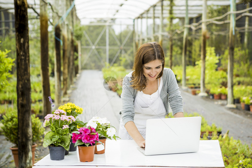 电脑植物美丽的女人在温室里织花记笔成功图片