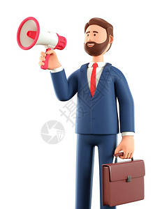 3D插图漫画胡须男子用公文箱在扬声器上宣布以白色背景孤立的商业广告概念ContromBusinessPancial公告嗡声渲染设计图片