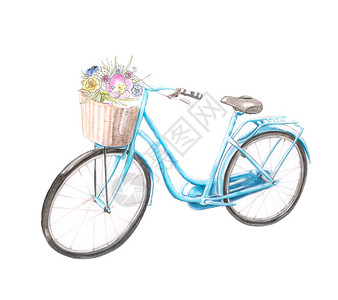 一捧鲜花为了一种手画水彩自行车带一篮子鲜花供浪漫分离旅行插画