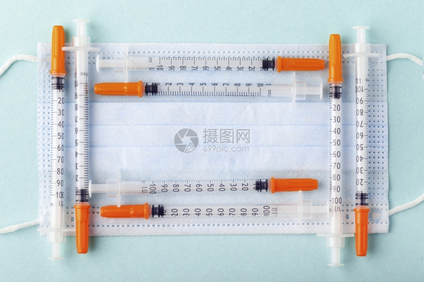 制药一种保护蓝面罩上框架状的胰岛素注射器入图片