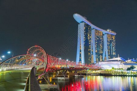 上市新加坡夜间建筑商业和桥梁在新加坡市之夜的城市景观传单图片