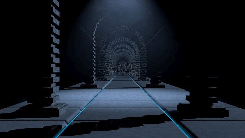 在有雾的环境中一条长的黑暗隧道正面图没有由砖砌的拱门形成人在城堡内地板上用蓝光和两条线照亮3D插图一条没有人的长黑暗隧道正面图没图片