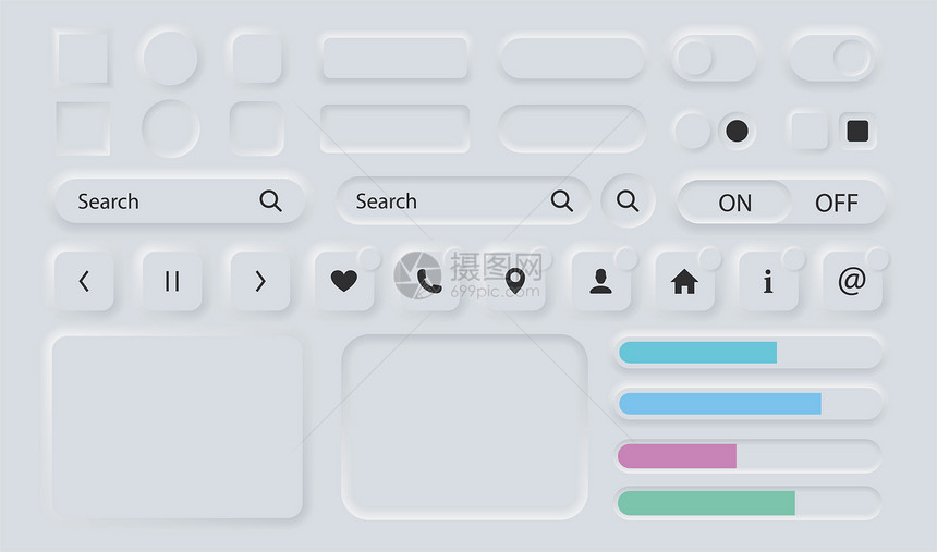 网站搜索用户界面元素新形态设计风格的白色按钮带有阴影3d按钮集合用于应程序中的ui导航新形态时尚设计元素在背景上隔离矢量插图用户图片