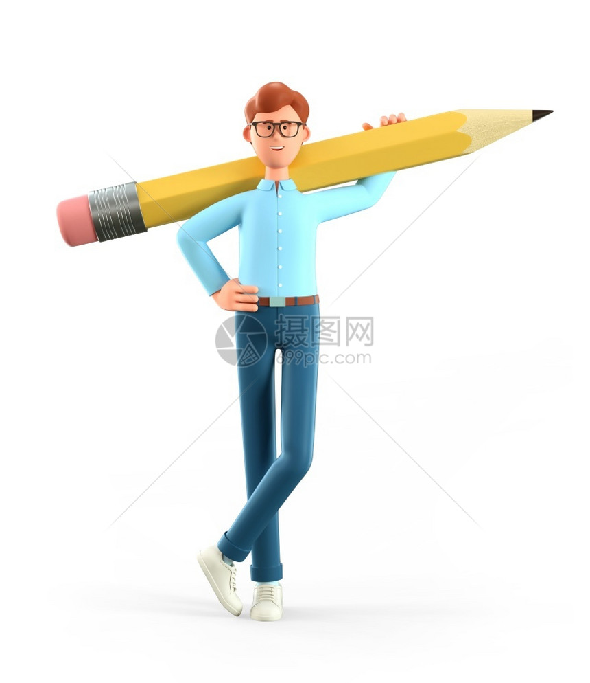 3D插图笑的创意男子肩上拿着大铅笔并产生一些想法卡通现身商人团队领袖学生白人背景孤立的学生男人教育肖像图片