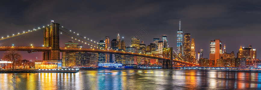大都会哈德逊纽约市风景全和布鲁克林大桥BrookrooklynBridge在东河边的黄昏时间美国市区天线建筑和与旅游概念造建造高清图片素材
