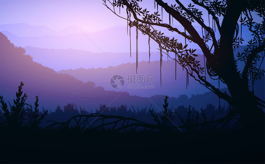 日出和落的山丘风色壁纸说明矢量风格彩色视图背景示特点季节美丽的图片