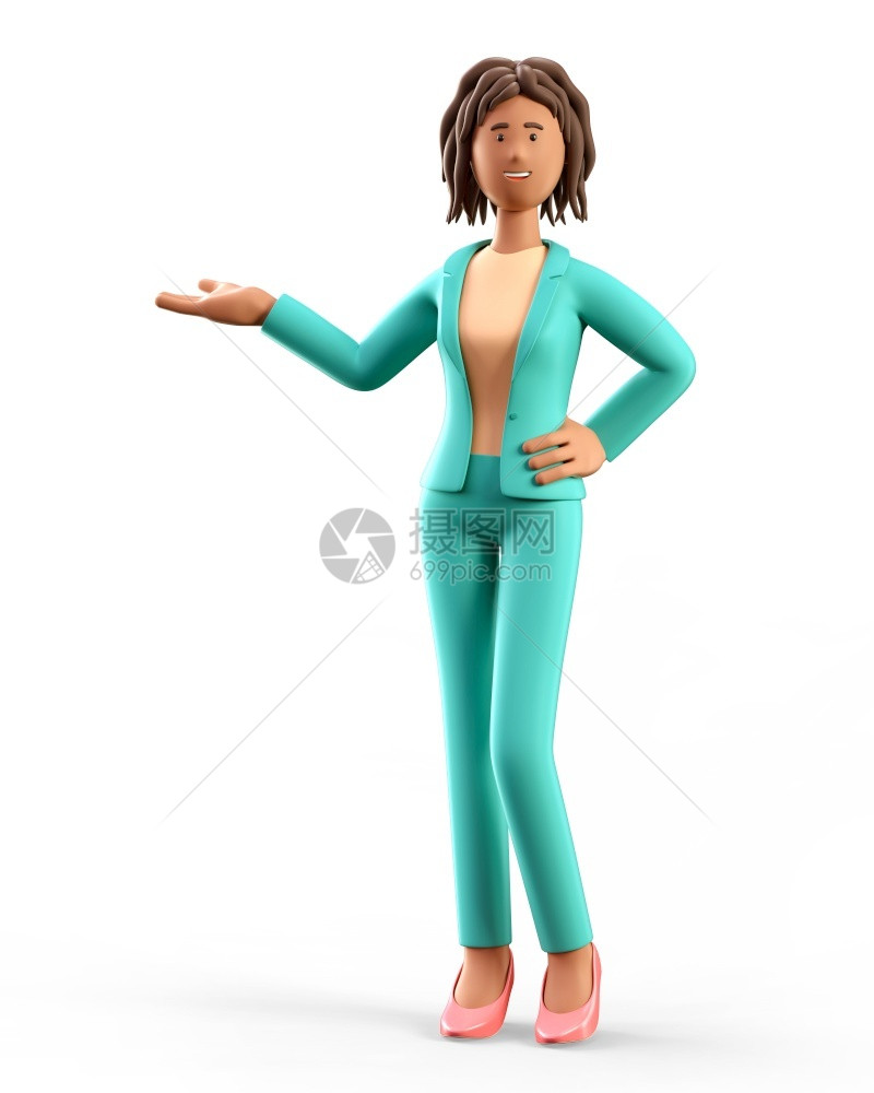 启动就业特点3D插图非洲女常站手指向方的三维插图在白色背景上被孤立的微笑着美丽优雅的漫画女商人展露的姿势肖像图片