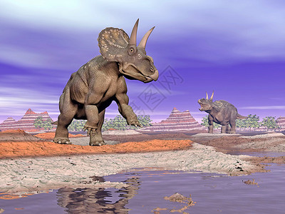 白垩纪古老的生物学池塘两种台式天顶恐龙与相邻在多彩的岩石地貌中由云密的白日形成自然界的三维变形恐龙设计图片