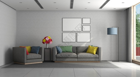 坐垫式储物柜以灰色沙发扶椅和多彩的坐垫三D为最薄式客厅用灰色沙发和扶椅作为最薄式客厅平铺房间公寓背景