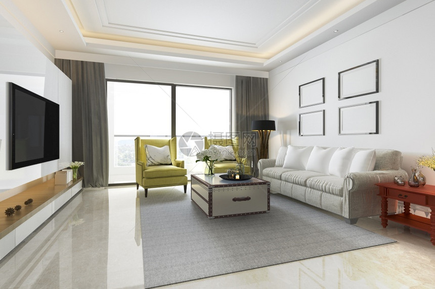 现代的翻新房间3d提供古董客厅和红桌黄色沙发图片