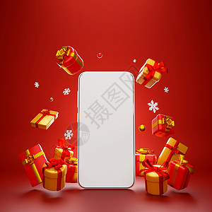 为了智能手机与圣诞礼物用于网上购广告的场景3d插图讲台冬天图片