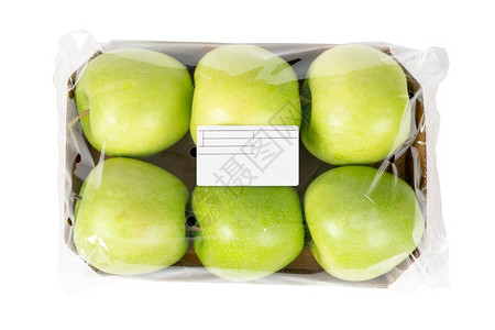 在孤立白背景上包装和贴标签的绿苹果新鲜维他命白色高清图片