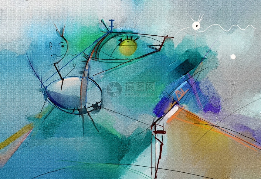 墙纸抽象五颜六色的幻想油丙烯画树男孩和马在风景春天夏季节自然背景的半抽象油漆手绘儿童画风格丰富多彩的插图图片