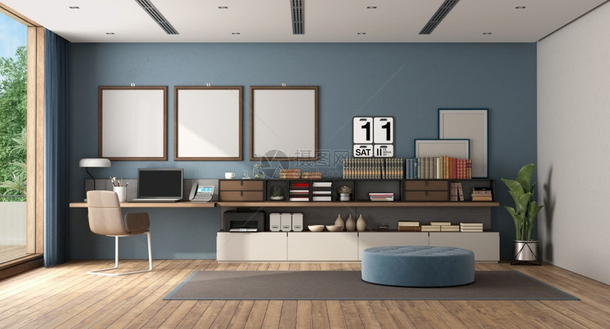 书柜地面在家工作一间大房里工作用办公桌和侧边板抵挡蓝色墙壁3D在大型白色和蓝房间在家里工作职的图片