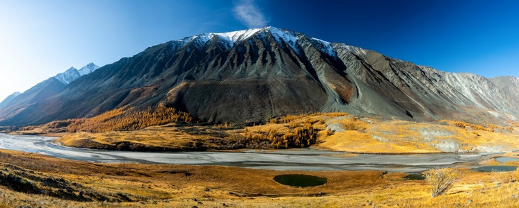 高原秋天全景是阿尔泰一条流经阿尔泰山脉和该地区自然的山河流全景是阿尔泰一条流动在阿尔泰山脉和该地区自然之间的山河流云高清图片素材