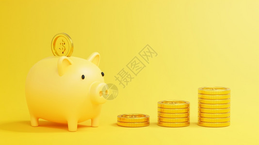 节省钱储蓄概念把一枚硬币放进猪银行装满一堆金币预算融的背景图片