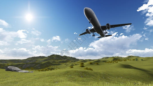 多云的蓝色太阳白客机用3D软件在空中飞行的白色客机图片