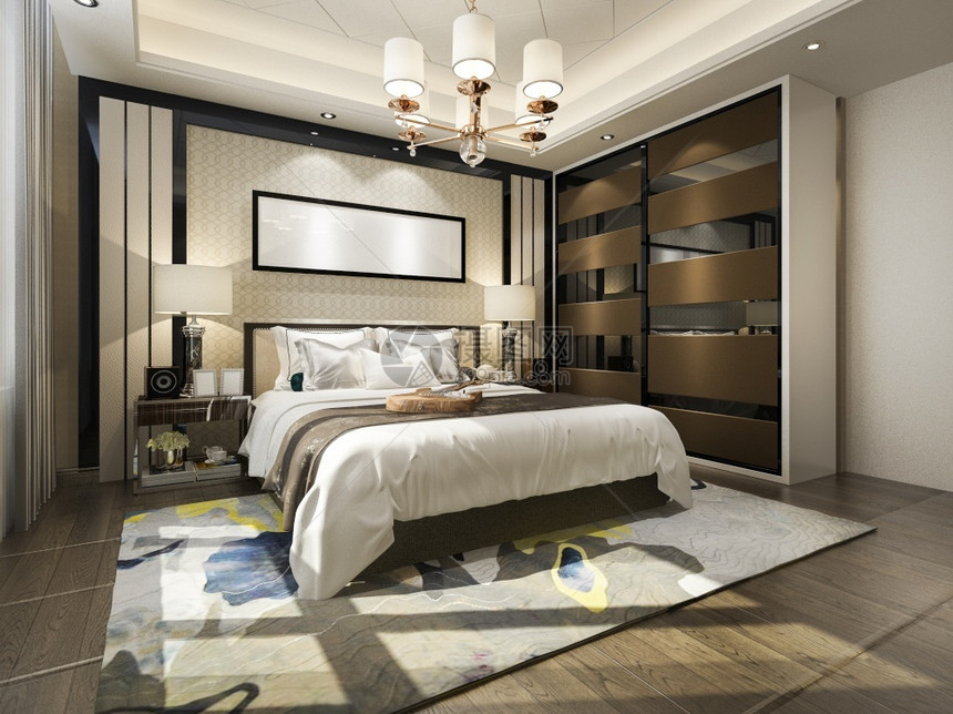 建成渲染3d提供豪华的现代卧室套房电视机配有衣柜和在中行走阁楼图片