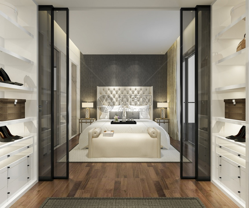 3d提供豪华的现代卧室套房电视机配有衣柜和在中行走服装墙椅子图片
