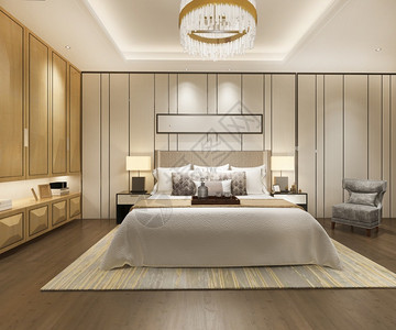 3d在酒店提供豪华现代卧室套房和衣柜在中行走住宅装饰风格家具图片