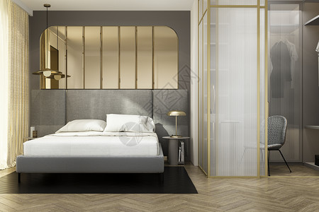 家美丽的3d提供豪华现代卧室套房配有衣柜和金色装饰品酒店图片
