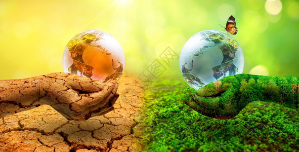 干旱燥地球日或世界环境全球暖化和污染的环境非常不同两者手与只Ob双树图片