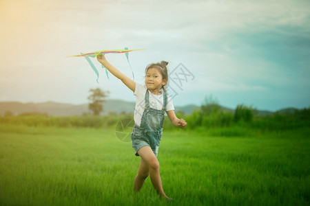 快乐的微笑孩子们亚洲女带着风筝跑来去夏天在草地上欢乐的亚裔女孩可爱的高清图片素材