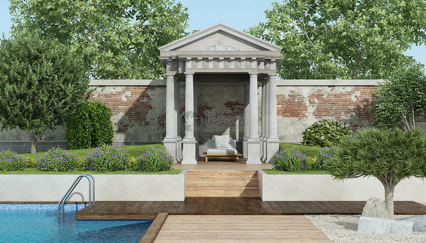 正面新古典寺庙和游泳池下面挂着甲椅的豪华花园3D制成带有小新古典庙和泳池的豪华花园新古典主义白色的图片