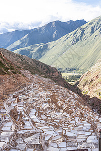 盐场蒸发秘鲁圣谷马拉斯的盐矿梯田山背景图片