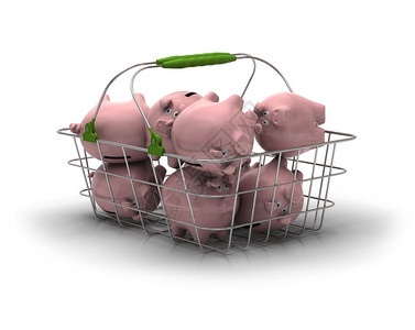 盈利能力支出预算金属篮子里面有很多粉红小猪银行在白色背景存钱概念上余额高清图片素材