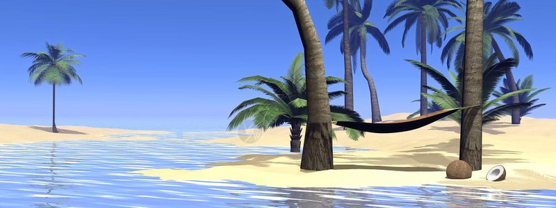 围海造滩海洋清除热带滩上两棵棕榈树之间的Hammock通过美丽的天气放松3D弛设计图片