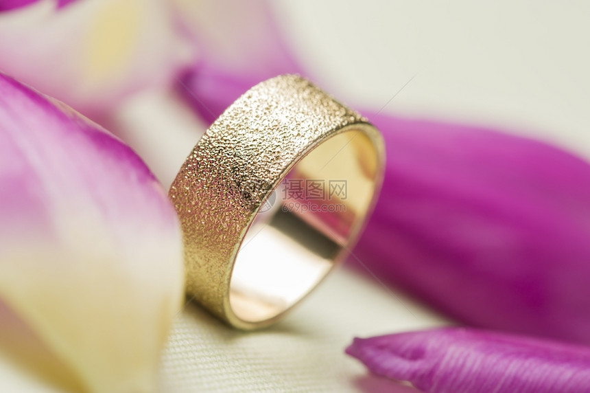 香味盛开一个优雅的纹质金结婚戒指一个优雅的纸质婚礼彩金带或直立的戒指在散落粉红玫瑰花瓣中站立象征着爱情浪漫和婚姻誓言宗教的图片