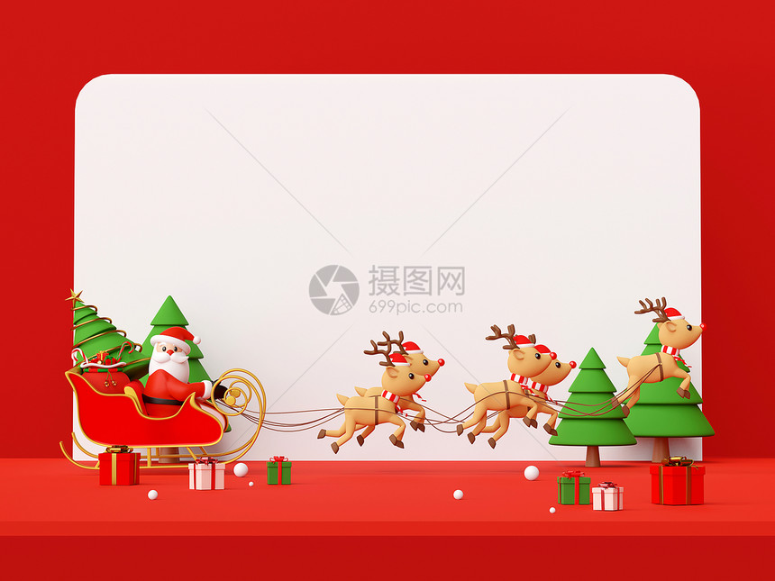 季节糖果庆典圣诞快乐和新年圣诞老人的红场景在雪橇上满了圣诞礼物由驯鹿拉着图片
