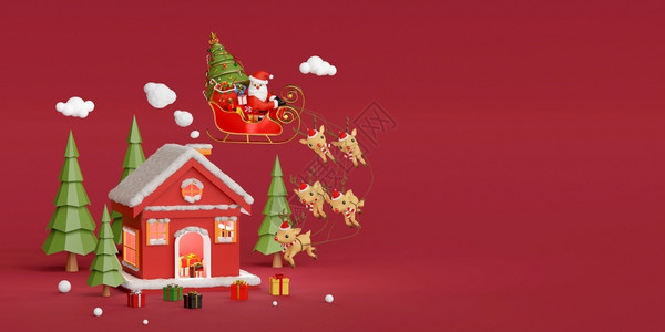 萨翁林纳给定雪人问候圣诞快乐和新年圣诞老人赠送礼物的松树林红殿班纳3D设计图片